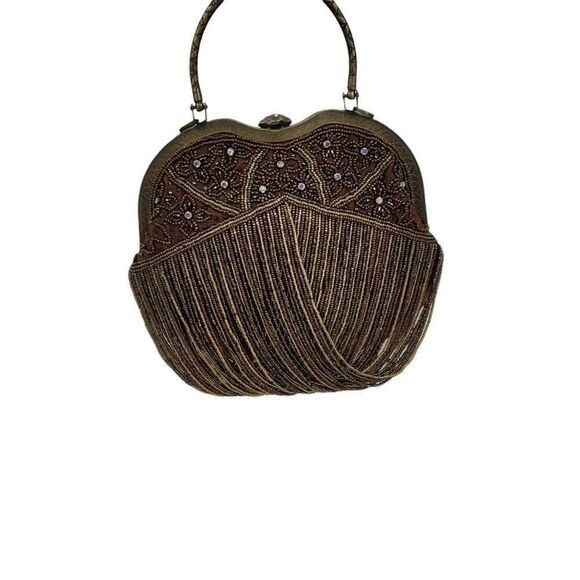 Vtg Baguette Formal Beaded Fringe Framed Kiss Closure Top Handle Bronze - Picture 4 of 11